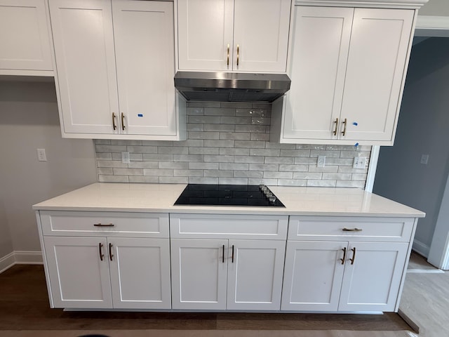251 Prominence Dr, Grovetown, GA 30813 - kitchen featuring under cabinet range hood, black electric cooktop, white cabinets, and backsplash