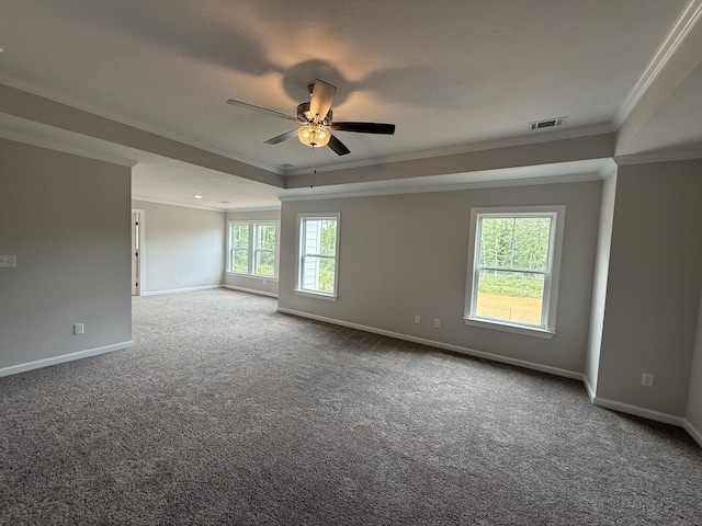 251 Prominence Dr, Grovetown, GA 30813 - empty room with ornamental molding, a ceiling fan, a tray ceiling, and carpet