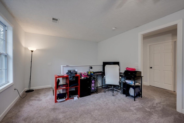 office with carpet floors and a textured ceiling