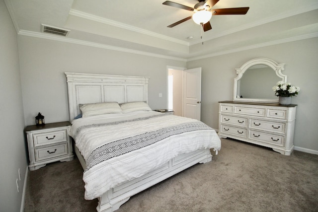 144 Caroleton Dr, Grovetown, GA 30813 - carpeted bedroom featuring a raised ceiling, crown molding, a ceiling fan, and baseboards