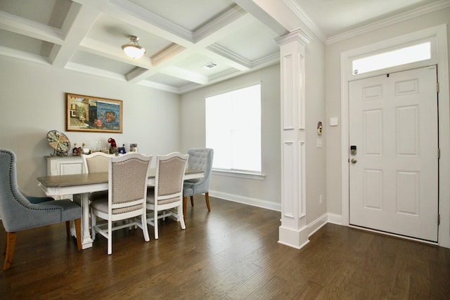 144 Caroleton Dr, Grovetown, GA 30813 - dining space featuring ornate columns, dark wood-type flooring, beam ceiling, baseboards, and coffered ceiling