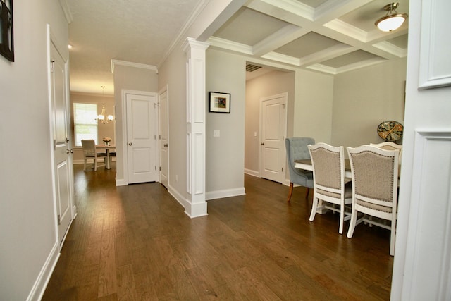 144 Caroleton Dr, Grovetown, GA 30813 - corridor with dark wood-style flooring, a chandelier, beam ceiling, crown molding, and coffered ceiling