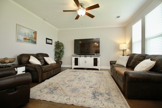 144 Caroleton Dr, Grovetown, GA 30813 - living room with ceiling fan, ornamental molding, baseboards, and dark wood finished floors