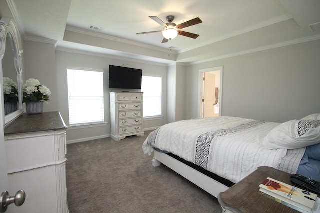 144 Caroleton Dr, Grovetown, GA 30813 - bedroom featuring a raised ceiling, carpet floors, ornamental molding, a ceiling fan, and baseboards