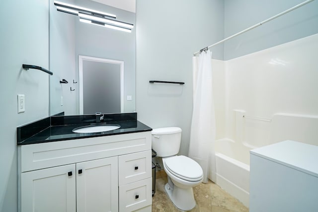 full bathroom featuring shower / bath combination with curtain, vanity, and toilet