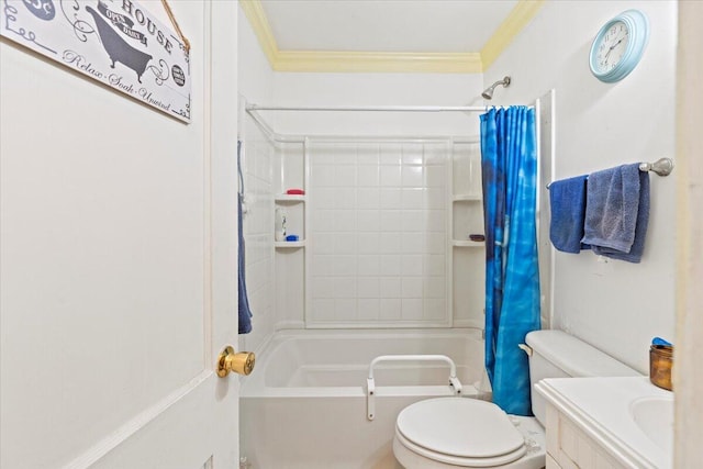 full bathroom with toilet, shower / bath combo with shower curtain, vanity, and ornamental molding