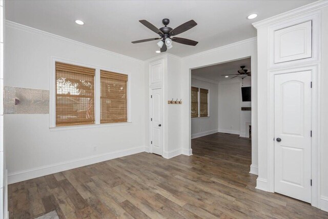 925 Beman St, Augusta, GA 30904 - spare room featuring a ceiling fan, ornamental molding, wood finished floors, baseboards, and recessed lighting
