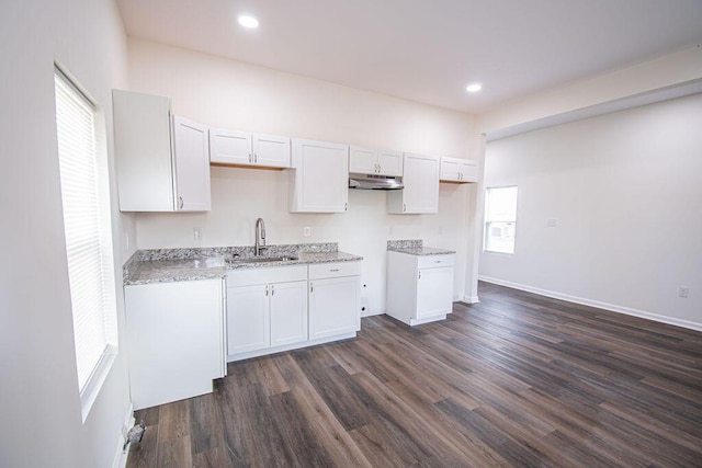 kitchen with sink, white cabinetry, dark hardwood / wood-style flooring, and a wealth of natural light