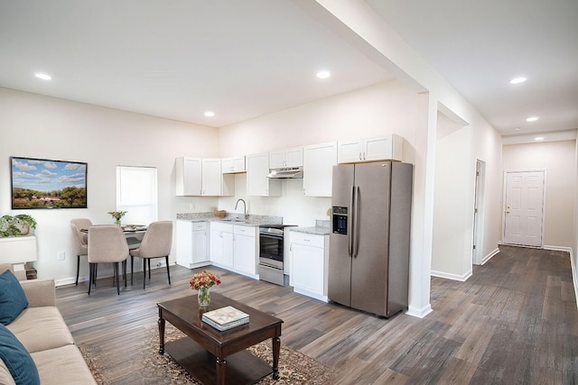 kitchen with white cabinetry, stainless steel appliances, dark hardwood / wood-style floors, light stone countertops, and sink