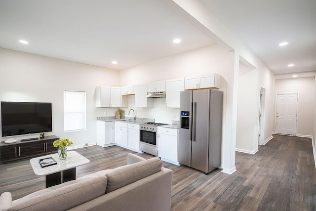 kitchen with appliances with stainless steel finishes, dark hardwood / wood-style flooring, white cabinets, light stone counters, and sink