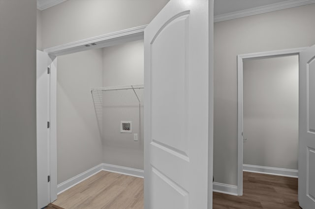647 Bunchgrass St, Evans, GA 30809 - washroom featuring wood finished floors, crown molding, washer hookup, and baseboards