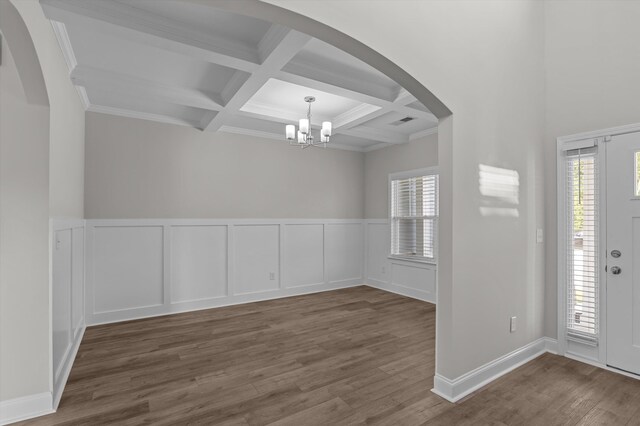 647 Bunchgrass St, Evans, GA 30809 - entryway featuring coffered ceiling, a chandelier, beam ceiling, wood finished floors, and healthy amount of natural light