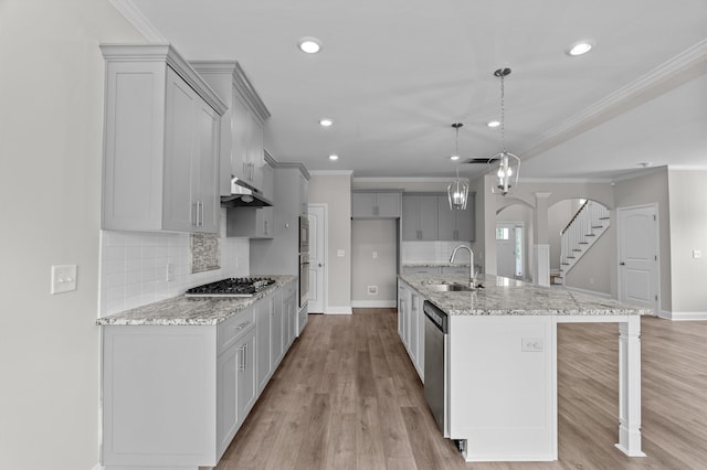 647 Bunchgrass St, Evans, GA 30809 - kitchen featuring a sink, under cabinet range hood, stainless steel appliances, recessed lighting, and gray cabinets