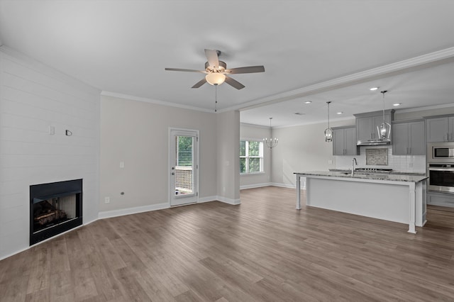 647 Bunchgrass St, Evans, GA 30809 - unfurnished living room featuring ceiling fan, wood finished floors, a fireplace, crown molding, and recessed lighting