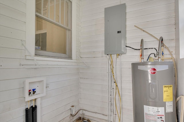 utility room featuring electric panel and water heater