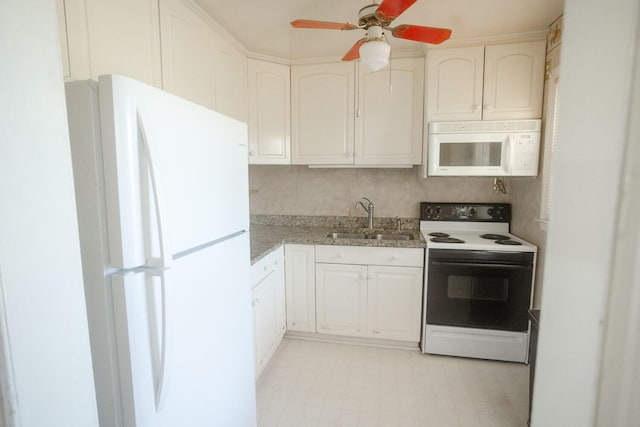 114 Bordeaux St, North Augusta, SC 29841 - kitchen with white appliances, a sink, a ceiling fan, light stone countertops, and light flooring