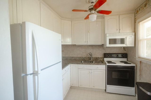 114 Bordeaux St, North Augusta, SC 29841 - kitchen with white appliances, a sink, stone counters, ceiling fan, and light floors