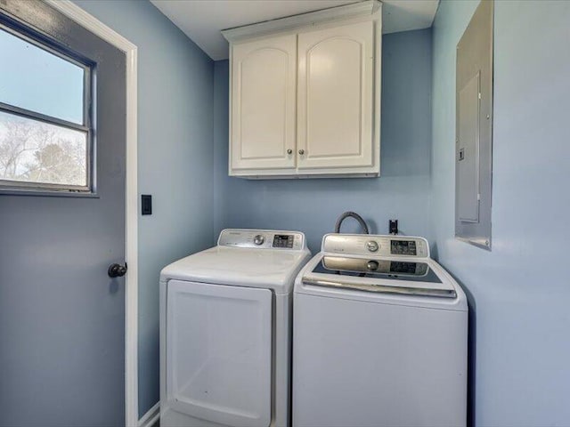 washroom with electric panel, cabinet space, and washing machine and clothes dryer