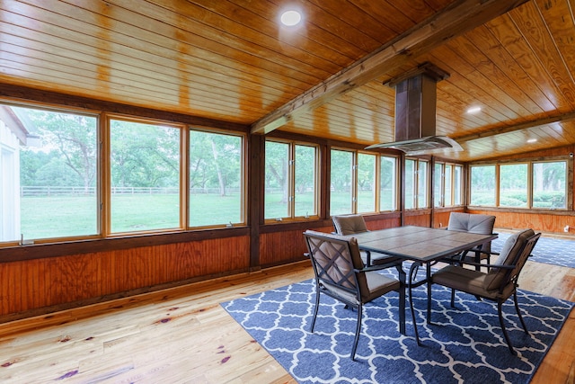 sunroom with lofted ceiling with beams and wood ceiling