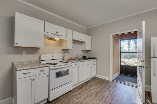 kitchen with crown molding, sink, white electric stove, hardwood / wood-style flooring, and white cabinetry