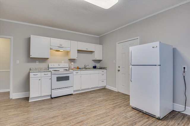 kitchen with white cabinetry, sink, light hardwood / wood-style floors, and white appliances