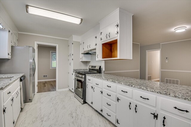1116 Northwood Rd, Augusta, GA 30909 - kitchen featuring appliances with stainless steel finishes, under cabinet range hood, light marble finish floors, white cabinets, and light stone counters