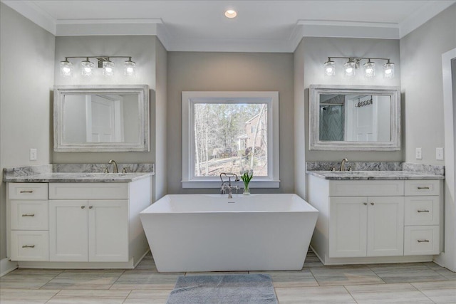 bathroom featuring a tub, vanity, and ornamental molding