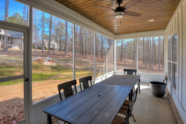 sunroom / solarium featuring ceiling fan and wood ceiling