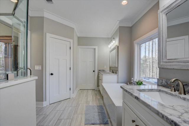 bathroom with ornamental molding and vanity