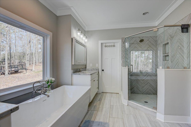 bathroom featuring crown molding, separate shower and tub, a wealth of natural light, and vanity