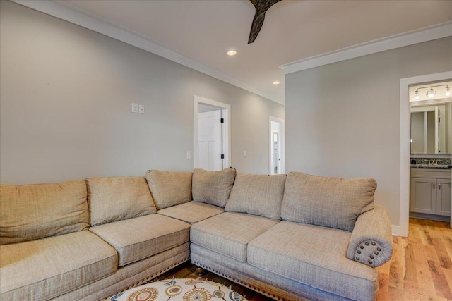 living room featuring light wood-type flooring, ornamental molding, and sink