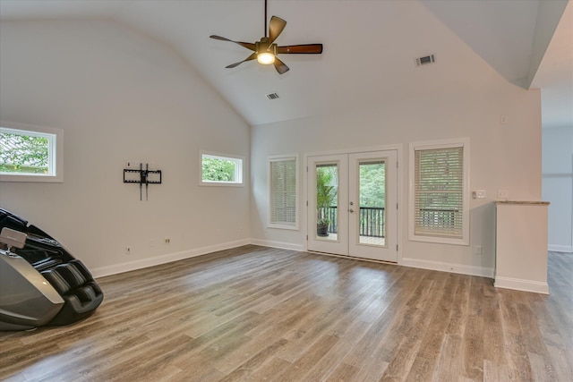 170 Grandview Dr, Mccormick, SC 29835 - unfurnished living room with high vaulted ceiling, a ceiling fan, baseboards, and wood finished floors