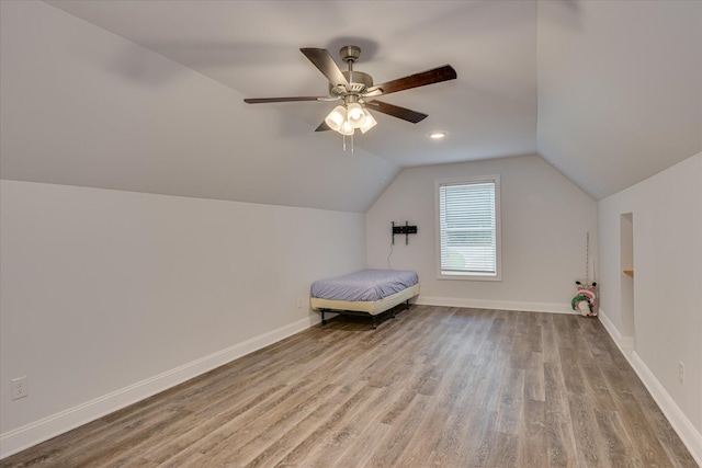170 Grandview Dr, Mccormick, SC 29835 - bedroom featuring wood finished floors, vaulted ceiling, baseboards, and ceiling fan