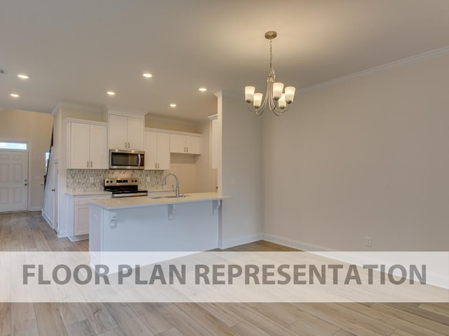 kitchen featuring a breakfast bar area, appliances with stainless steel finishes, hanging light fixtures, backsplash, and white cabinets