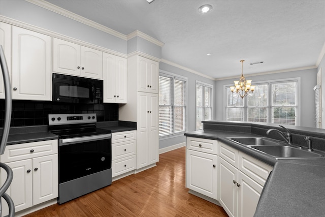 kitchen with white cabinetry, sink, and electric range