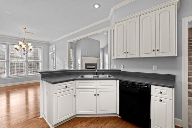 kitchen featuring white cabinetry, light hardwood / wood-style floors, black dishwasher, and sink