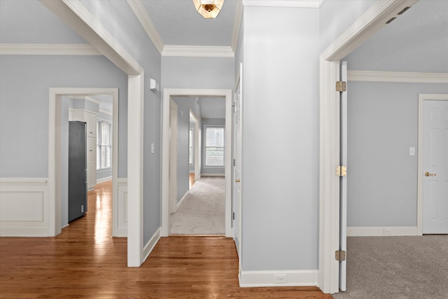 corridor featuring hardwood / wood-style flooring and ornamental molding