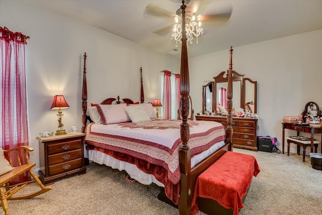 bedroom featuring ceiling fan and light carpet