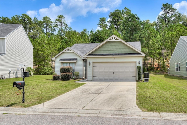 view of front facade featuring central AC, a garage, and a front lawn