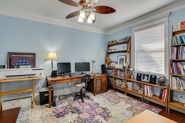 office area with ornamental molding, a ceiling fan, and wood finished floors