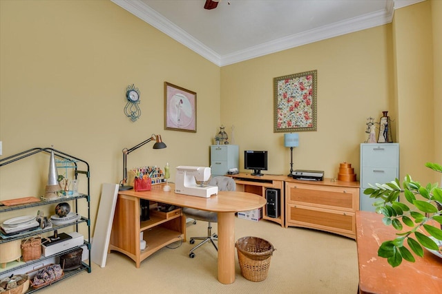 office area featuring light carpet, ornamental molding, and a ceiling fan