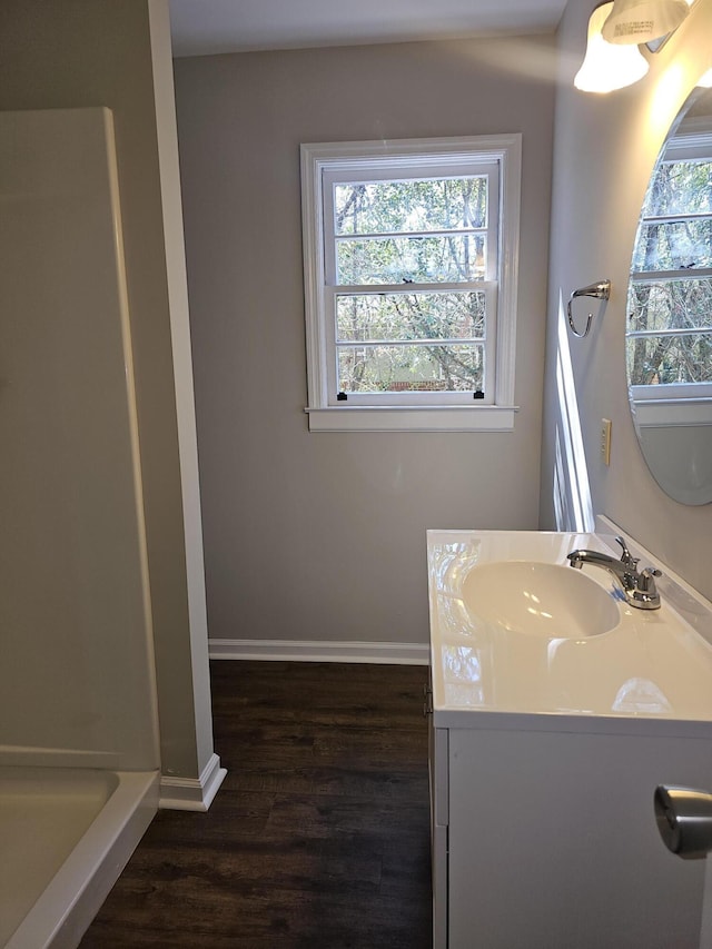 1014 Walnut St, Louisville, GA 30434 - bathroom featuring baseboards, wood finished floors, vanity, and a healthy amount of sunlight