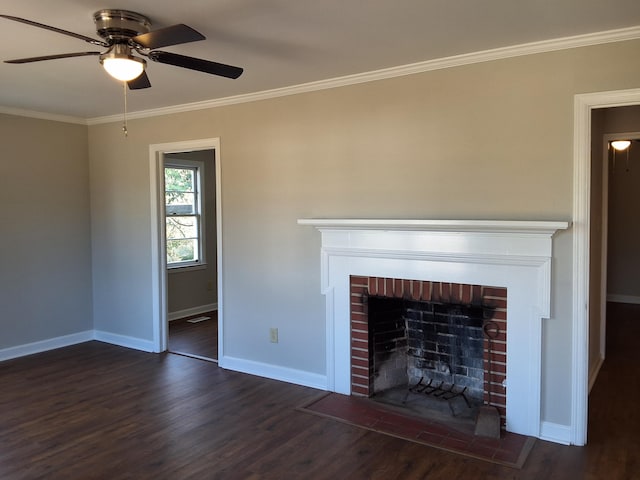 1014 Walnut St, Louisville, GA 30434 - unfurnished living room with dark wood-type flooring, a brick fireplace, ornamental molding, and baseboards