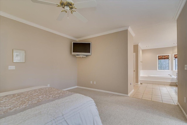 carpeted bedroom with connected bathroom, ceiling fan, and ornamental molding