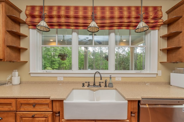 kitchen featuring brown cabinetry, decorative light fixtures, open shelves, dishwasher, and a sink