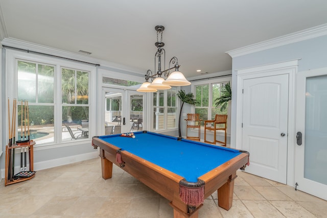 game room with baseboards, ornamental molding, and billiards