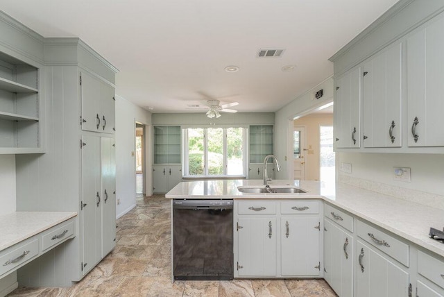 3411 Kamel Cir, Augusta, GA 30909 - kitchen featuring black dishwasher, a sink, ceiling fan, light countertops, and a peninsula