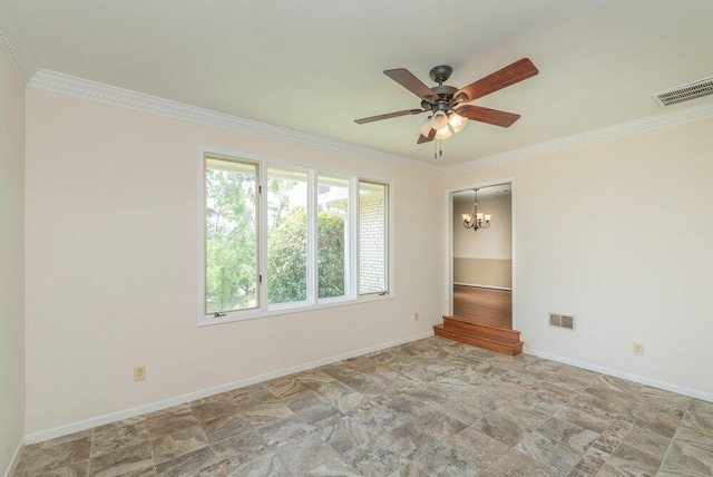 3411 Kamel Cir, Augusta, GA 30909 - unfurnished room with baseboards, ceiling fan, crown molding, a chandelier, and stone finish floors