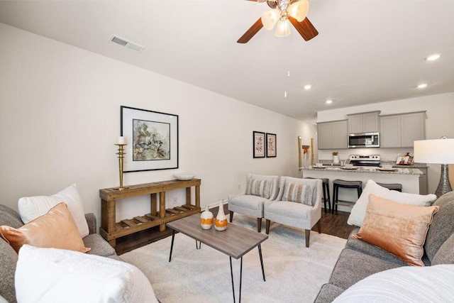 3445 Firestone Dr, Hephzibah, GA 30815 - living room featuring visible vents, recessed lighting, light wood finished floors, and ceiling fan