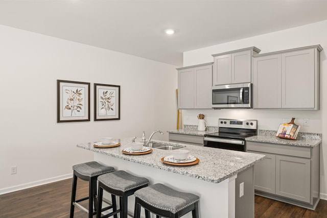 3445 Firestone Dr, Hephzibah, GA 30815 - kitchen featuring a sink, gray cabinets, stainless steel appliances, and an island with sink